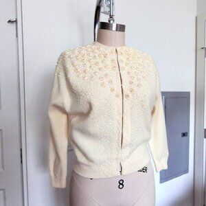 Vintage 1950s Hand-Decorated Lambswool Angora Cardigan – Made in Japan, Sequins